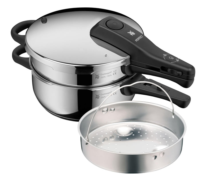 WMF Perfect Schnellkochtopf Set Induktion 3-teilig, Dampfkochtopf 4,5l + 3l mit Einsatz, grosses Koc