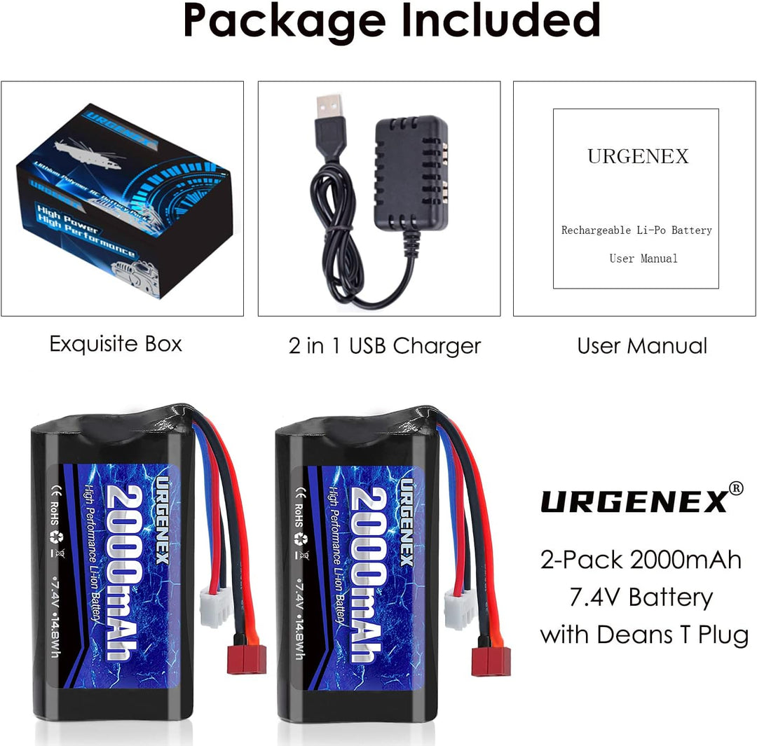URGENEX 7.4 V Li-ion Battery 2000 mAh 2S Battery with Deans T Plug for RC Cars Boats Trucks with 1 t