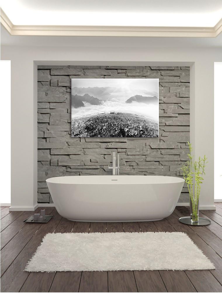 Pixxprint Blühende lilane Krokusse mit Aussicht auf die Berge Kunst B&W, Format: 100x70 auf Leinwand