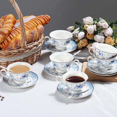 fanquare 21 Stück Porzellan Teeservice, Blau Blumen Tee Set, Englische Kaffeeservice Set mit Teekann