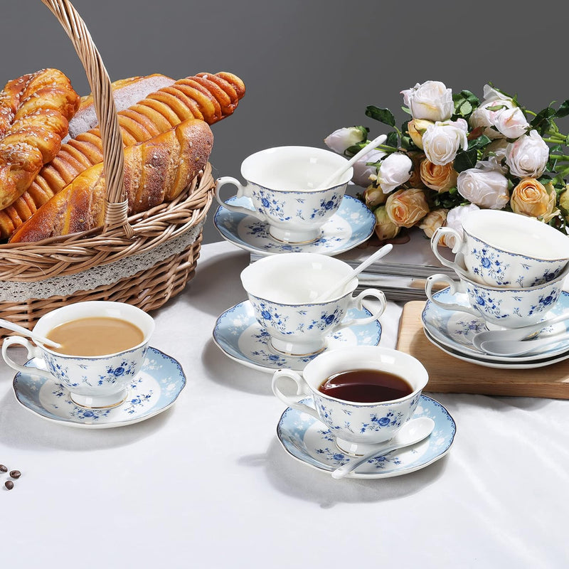 fanquare 21 Stück Porzellan Teeservice, Blau Blumen Tee Set, Englische Kaffeeservice Set mit Teekann