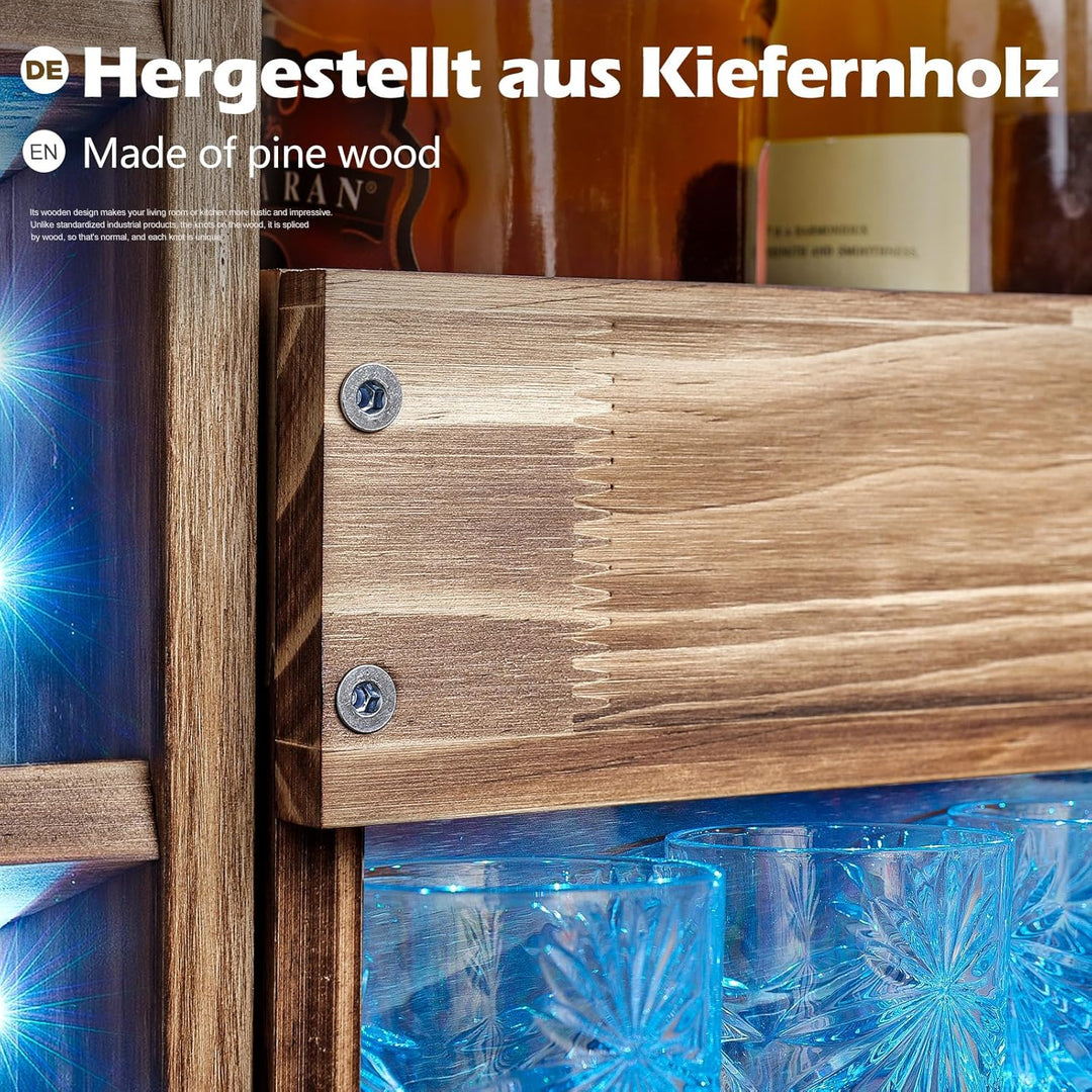 Yorbay Weinregal mit LED-Licht Palette Beflammt Holz, Wandbar mit Korkhalter, für Weingläser, Whisky
