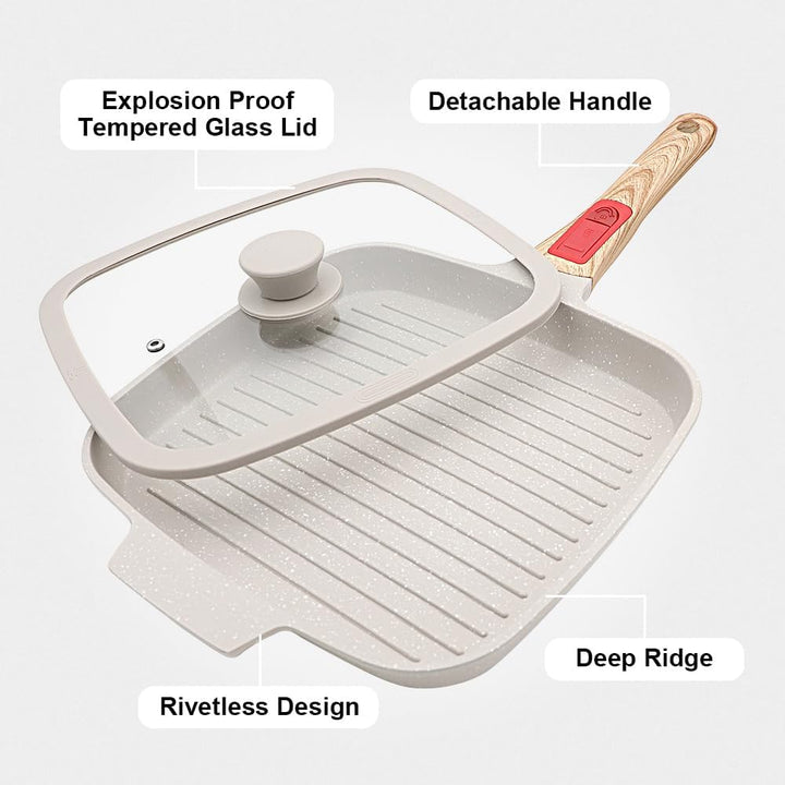 Grillpfanne Induktion mit Abnehmbarer Griff, 26 x 24 cm Steakpfanne mit Deckel Antihaft Beschichtet