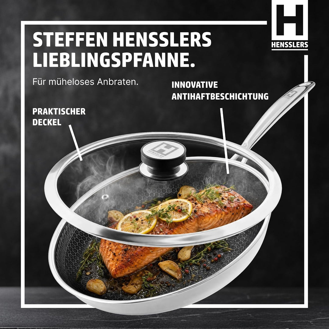 HENSSLERS® Profi Bratpfanne 28 cm [MIT GLASDECKEL] - Antihaftbeschichtung (mit Deckel) Pfanne mit De