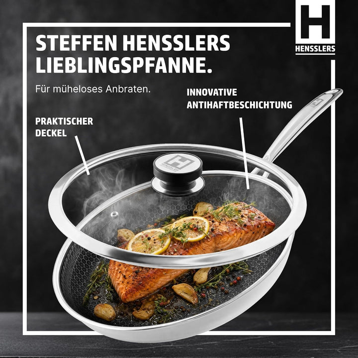HENSSLERS® Profi Bratpfanne 28 cm [MIT GLASDECKEL] - Antihaftbeschichtung (mit Deckel) Pfanne mit De