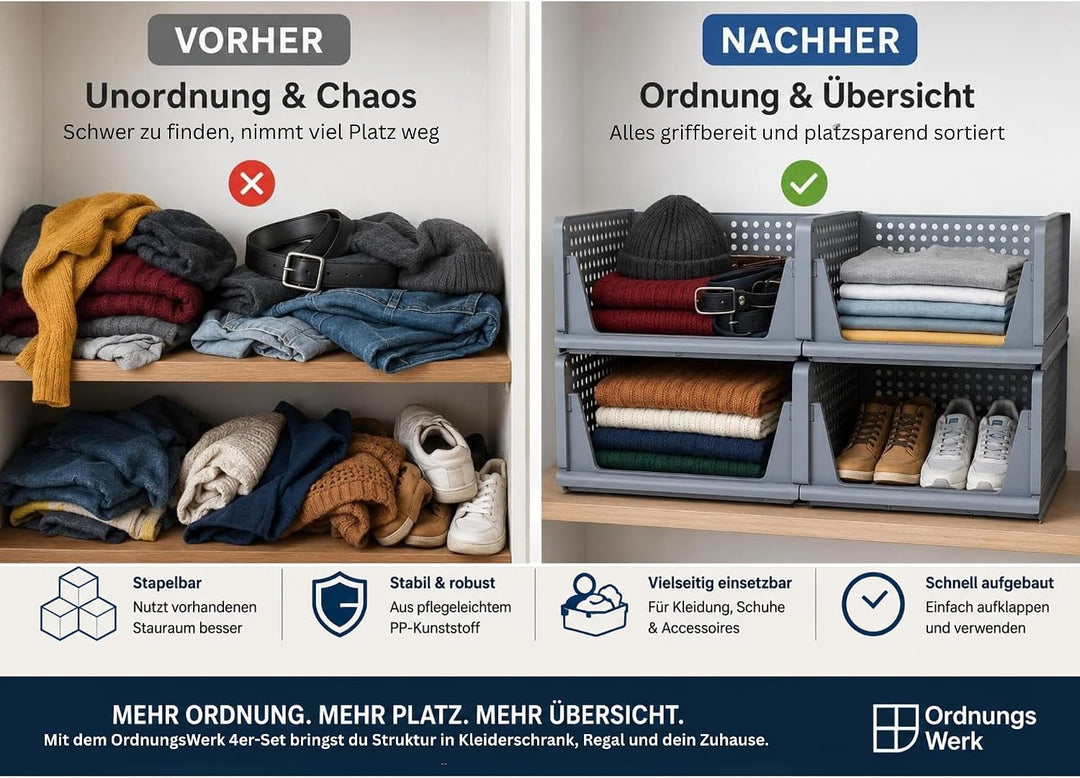 Kleiderschrank Organizer 4er Set – faltbare, stapelbare Aufbewahrungsboxen aus PP Kunststoff für Kle