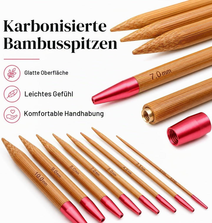 LetCart STRICKNADELN Set- Austauschbares Set aus kohlensäurehaltigen Bambusnadeln Ringset aus Alumin