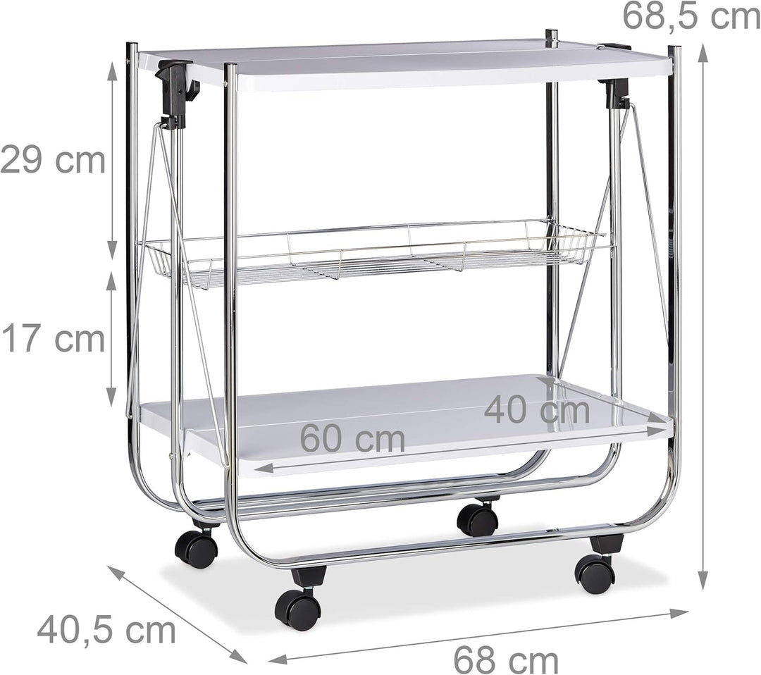 Relaxdays Servierwagen klappbar Weiss, 4 Rollen, Metall, 2 Böden, Korb, HxBxT 68,5 x 68 x 40,5 cm, K