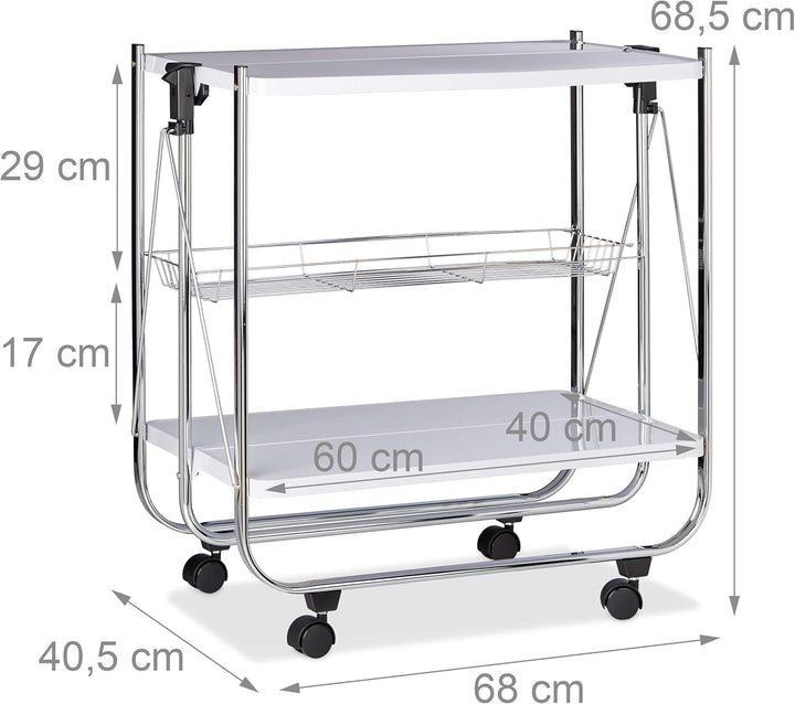 Relaxdays Servierwagen klappbar Weiss, 4 Rollen, Metall, 2 Böden, Korb, HxBxT 68,5 x 68 x 40,5 cm, K