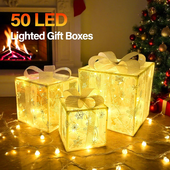 3 Stück Weihnachtsdeko LED Geschenkbox Set Beleuchtet mit Timer Fernbedienung Warmweiss Licht Gesche