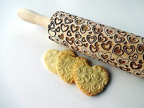 Nudelholz mit LIEBE HERZCHEN für Gebäck und Keramik. Gravierte Teigroller für DIY Küche, Teig & Plät