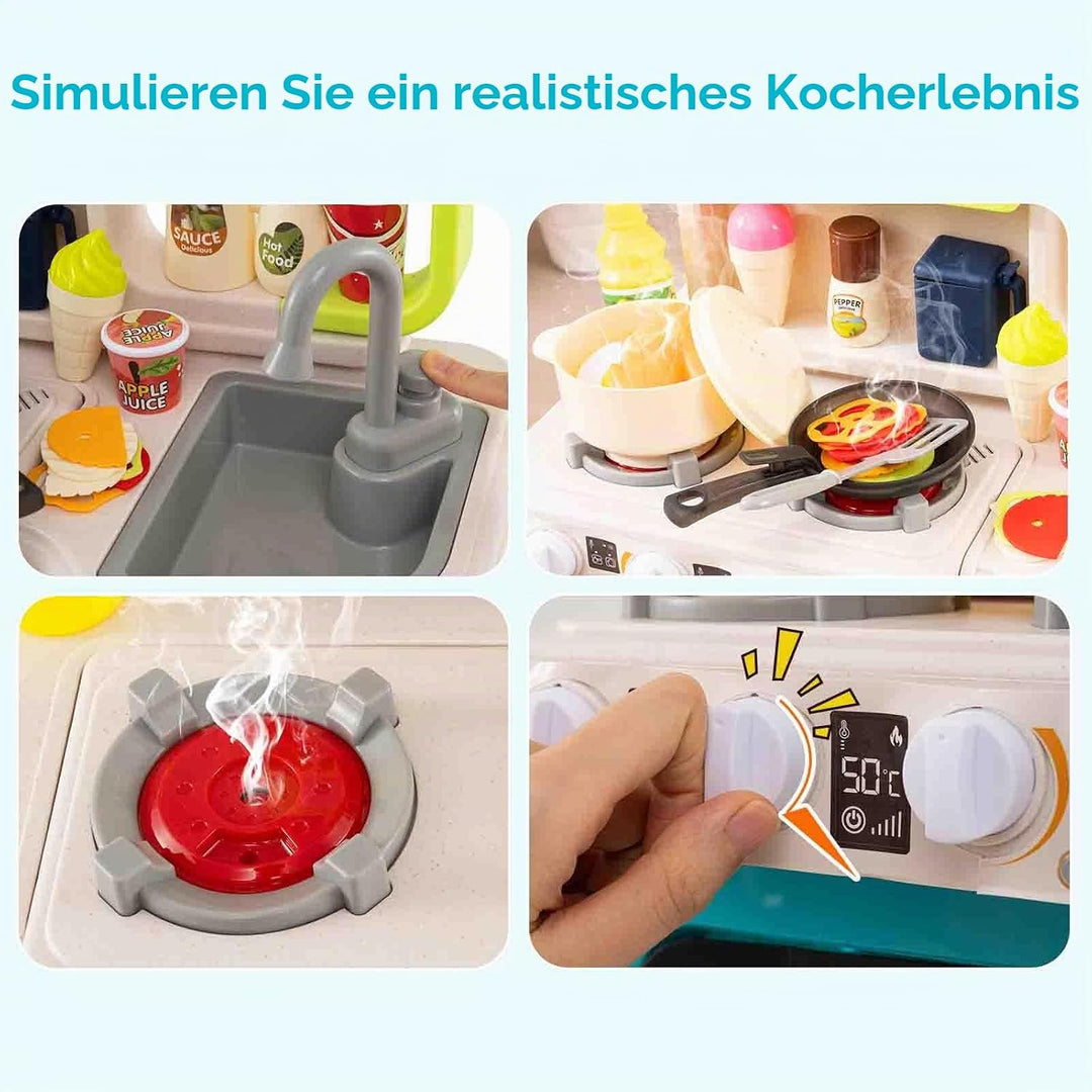 HOMASIS Spielküche mit 54 Zubehör, Kinderküche mit Licht, Sound &amp; Dampf, Spielzeugküche mit Herd Was