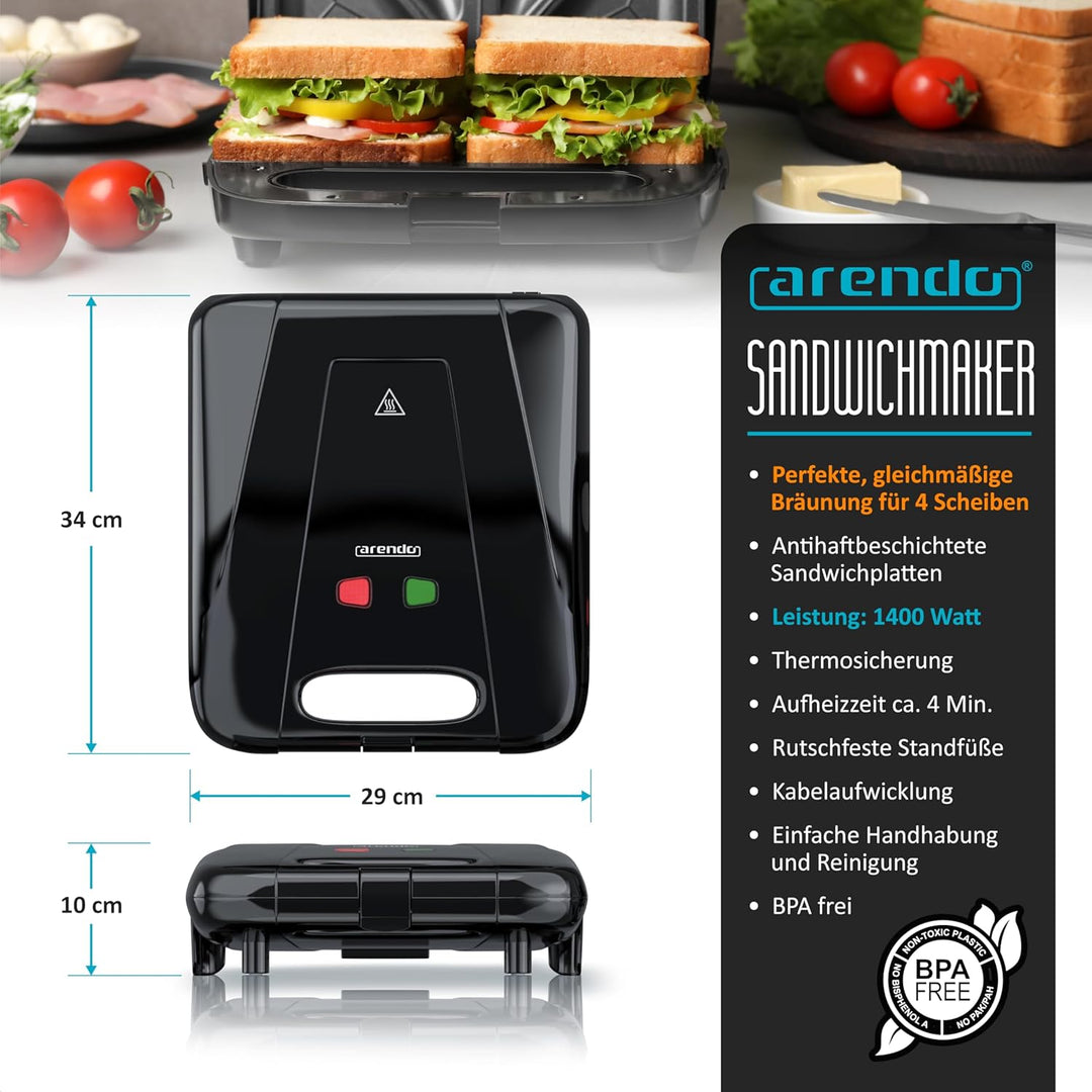 Arendo - Sandwichmaker XXL – für 4 Sandwiches – 1400 W – Sandwichtoaster mit Antihaftbeschichtung –
