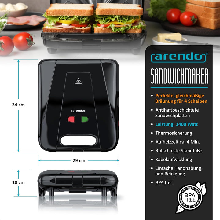 Arendo - Sandwichmaker XXL – für 4 Sandwiches – 1400 W – Sandwichtoaster mit Antihaftbeschichtung –