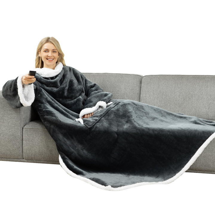 Winthome Kuscheldecke mit Ärmeln Dick, Wolldecke Warm Winter, Sherpa Decke mit Tasche, Fleecedecke W