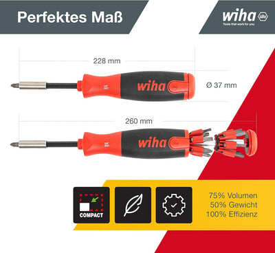 Wiha Schraubendreher mit Bit Magazin LiftUp 25 magnetisch gemischt mit 12 Bits, 1/4" (3803), Bits im