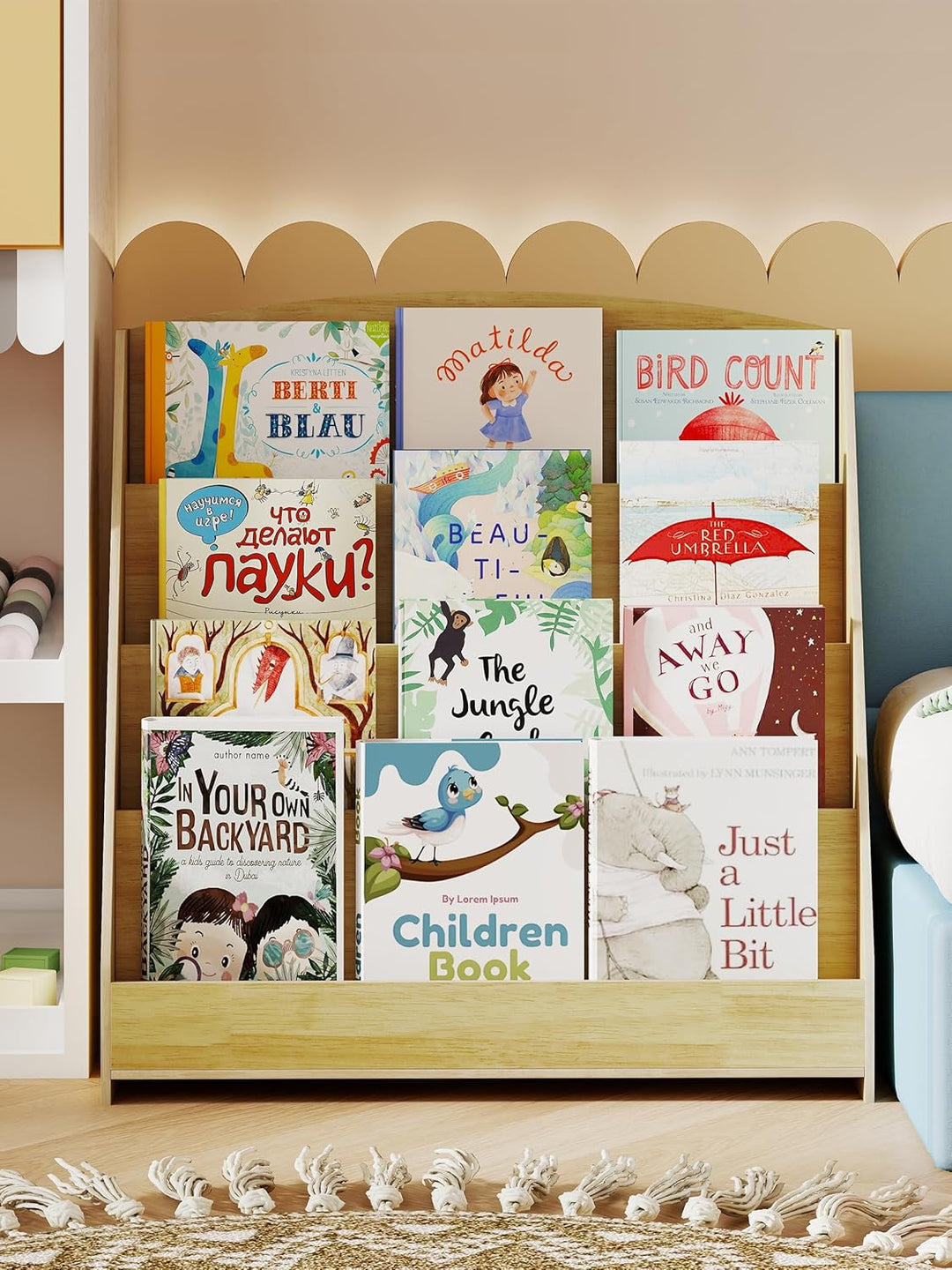 4 Tier Bücherregal Kinder Montessori Kinderregal 88cm Höhe, Kinderzimmer Spielzeug Aufbewahrung Büch