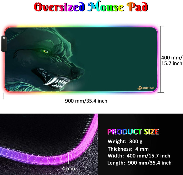 DORRISO RGB Gaming Mauspad 900x400x4 mm XXL Grosse Mousepad Fransenfreie Ränder Wasserdicht Tischunt