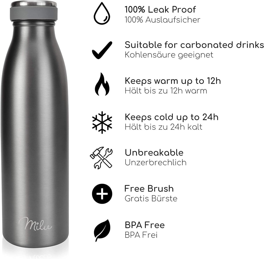 Milu Edelstahl Trinkflasche 350ml 500ml 750ml 1L 1,5L Thermosflasche, Isolierte Wasserflasche, Ausla