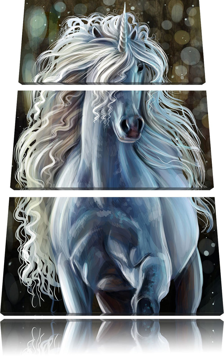 Pixxprint Trabendes weisses Einhorn als Leinwandbild | Grösse: 3 Teilig (120x80) | Wandbild| Kunstdr