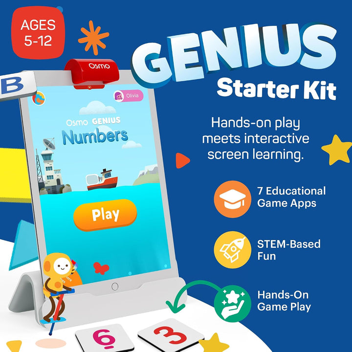 Osmo Genius Starter-Set für iPad + Familienspiel Night7 Lernspiele für Rechtschreibung, Mathematik u