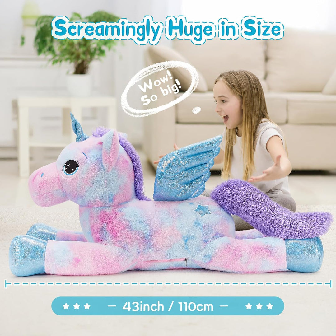 MorisMos Einhorn Kuscheltier gross XXL mit flügel, 110cm riesen Einhorn Stofftier Plüschtier, Gesche