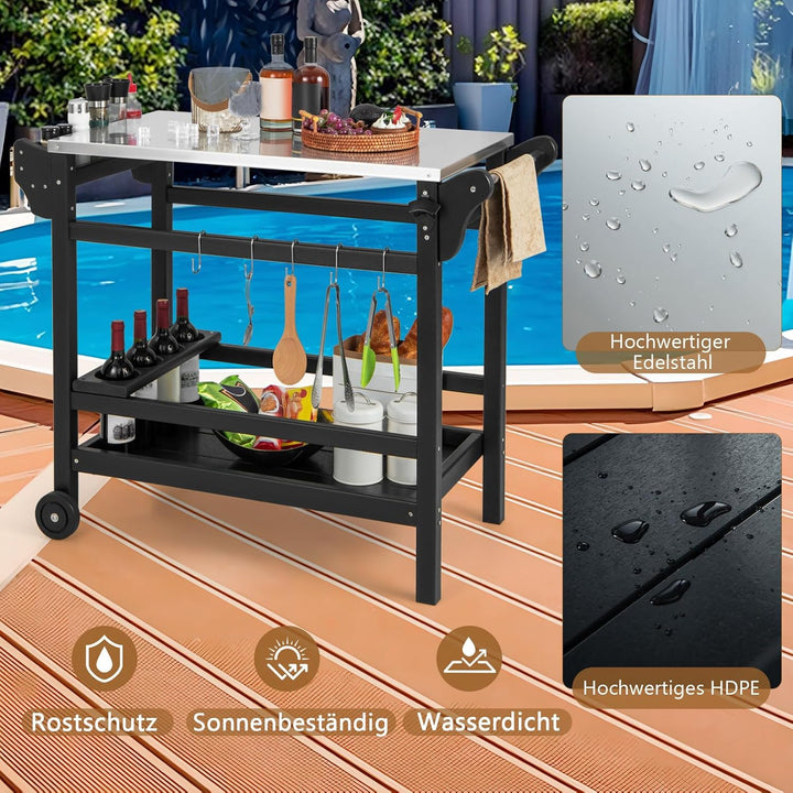 GOPLUS Grillwagen, Grilltisch Outdoor mit Griff, Ablagen, Haken, Winehalter & Rollen, multifunktiona