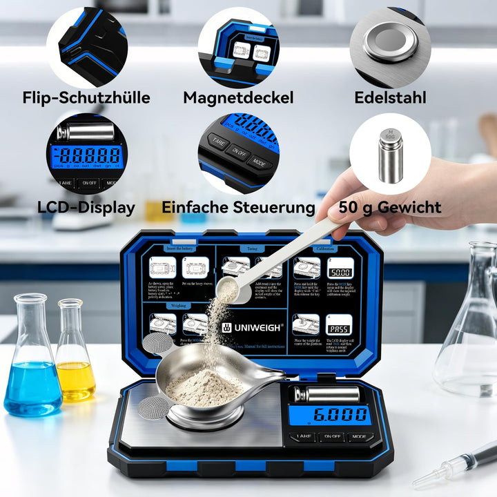 UNIWEIGH Milligramm-Präzisionswaage 0,001 g / 50 g, digitale Schmuckwaage für Pulver, Gold, Edelstei