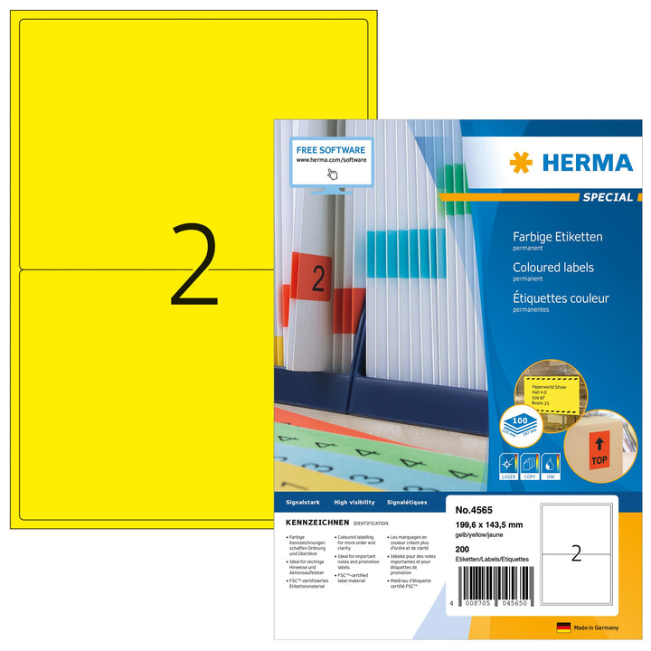 HERMA 4565 Farbige Etiketten gelb, 100 Blatt, 199,6 x 143,5 mm, 2 Stück pro A4 Bogen, 200 Aufkleber,