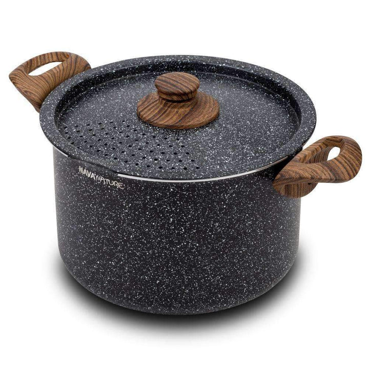 NAVA Kochtopf | 22 cm, 5L | Deckel mit Abseihfunktion | Granitbeschichtung | Für Gasherd und Indukti