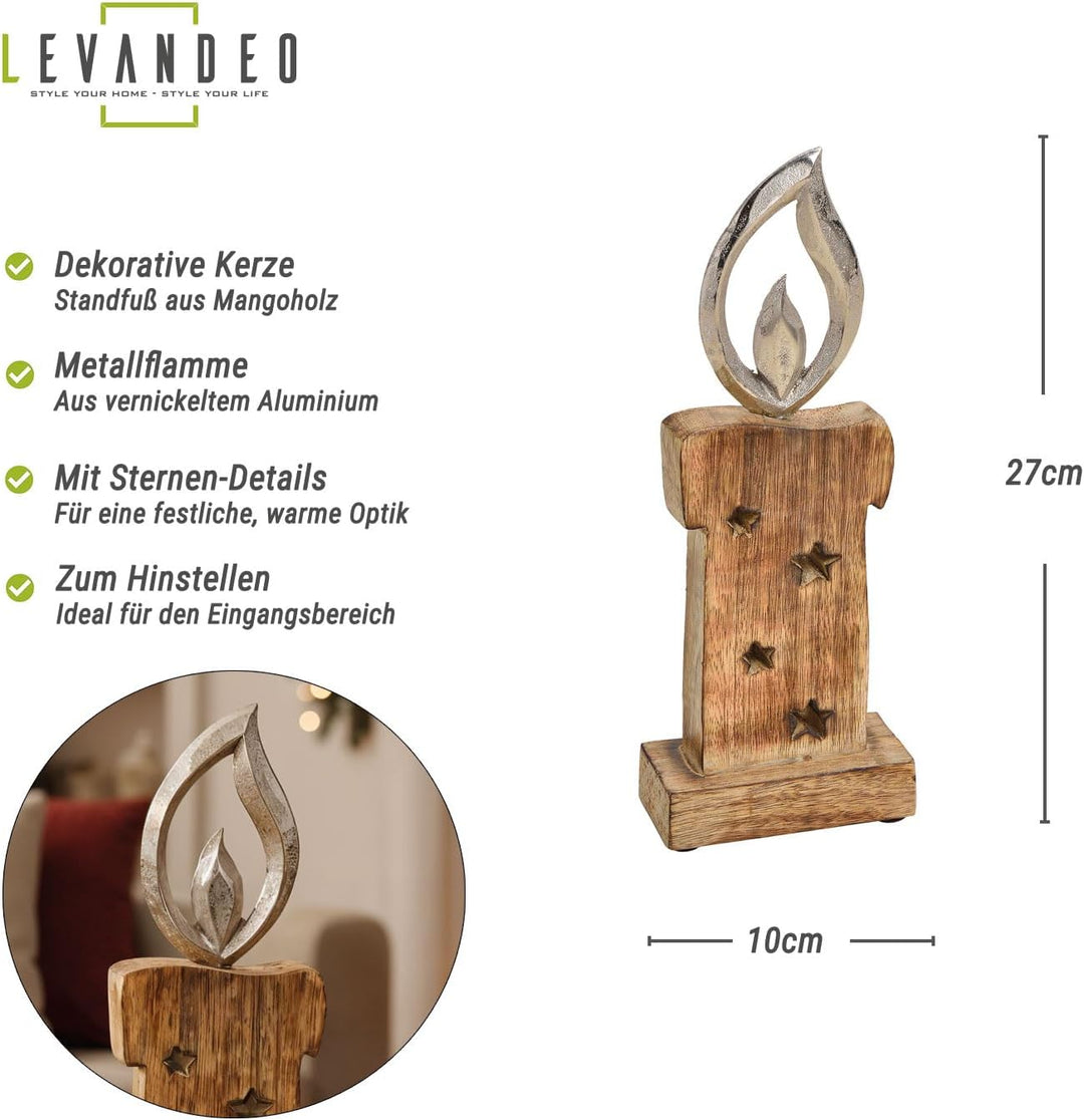 levandeo Weihnachtsdeko Kerze Mangoholz H27cm Deko Aufsteller Holz Braun Metall Silber Weihnachten T