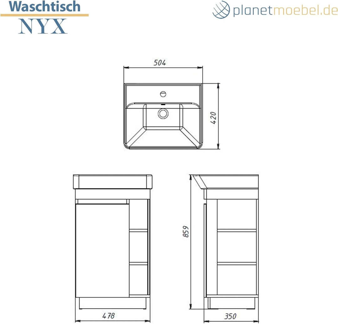 Planetmöbel Nyx Badmöbel Set 3-teilig Waschtisch mit Unterschrank 50 x 85,9 x 42 cm weiss, inkl. Bad