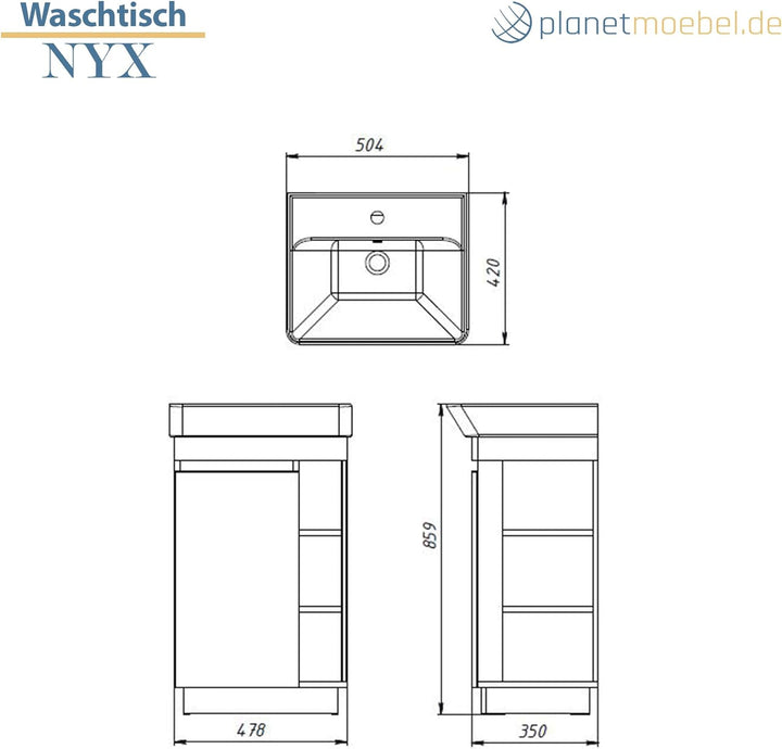 Planetmöbel Nyx Badmöbel Set 3-teilig Waschtisch mit Unterschrank 50 x 85,9 x 42 cm weiss, inkl. Bad