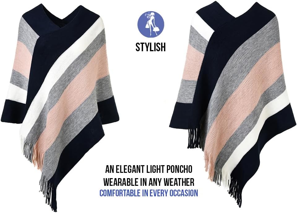 Ferand Gestreift Gestrickter Poncho Schal im Wickeldesign mit gefransten Seiten für Frauen Einheitsg