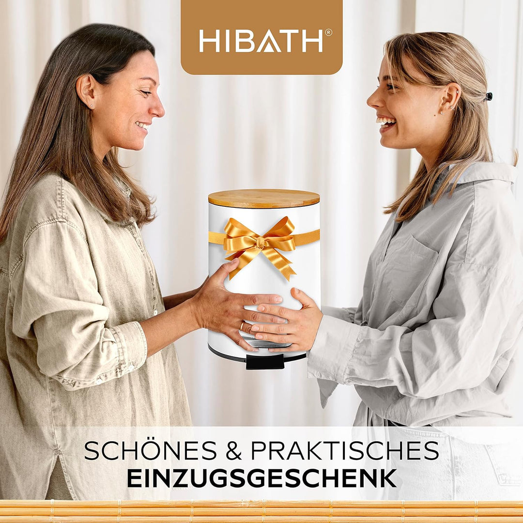 HIBATH® Kosmetikeimer aus Edelstahl mit Bambusdeckel (3 Liter, weiss) - Badezimmer Abfalleimer mit A