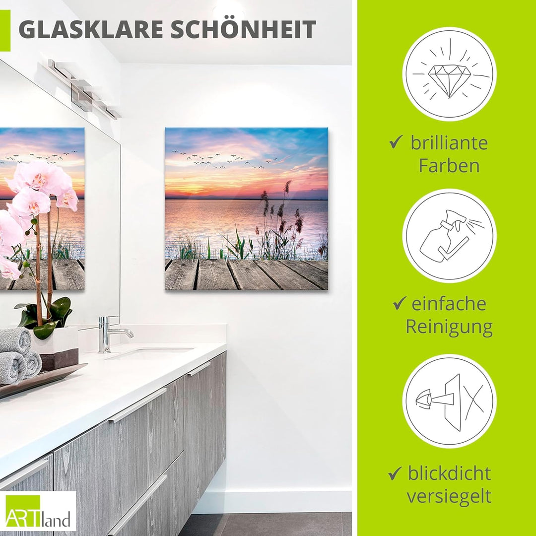 Glasbilder Wandbild Glas Bild einteilig 50x50 cm Quadratisch Natur Steg Landschaft See Himmel Sonnen