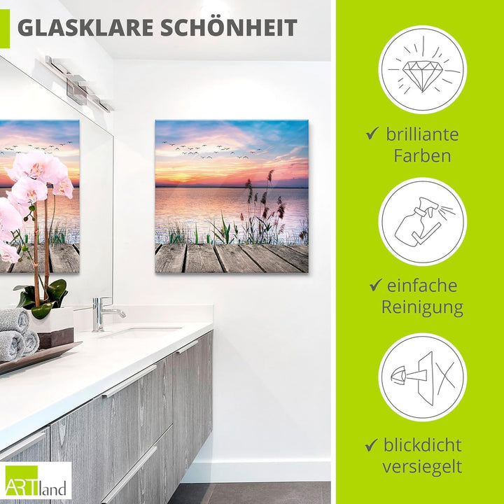Glasbilder Wandbild Glas Bild einteilig 50x50 cm Quadratisch Natur Steg Landschaft See Himmel Sonnen