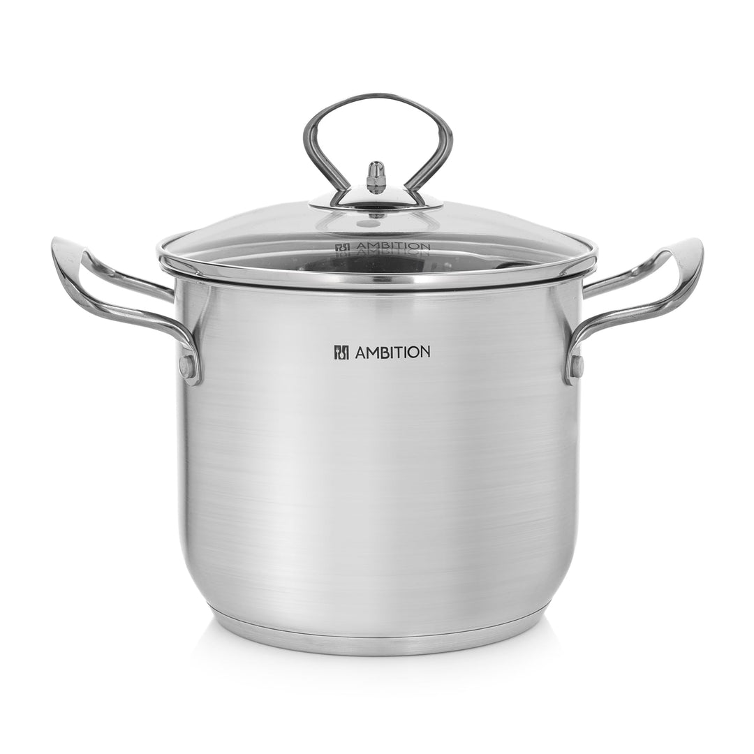 AMBITION Hoher Edelstahl Topf mit Glasdeckel 2,7 l Petite 16 cm Suppentopf Induktion alle Herdarten