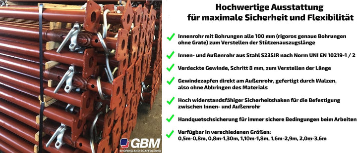 GBM Baustütze 1,1m bis 1,8m | Universalstütze 6kg | Montagestütze mit unverlierbarem Sicherheitshake