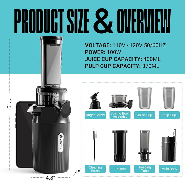 Ventray Ginnie Entsafter - Slow Juicer mit 60 U/min Niedriger Geschwindigkeit, Entsafter Gemüse und