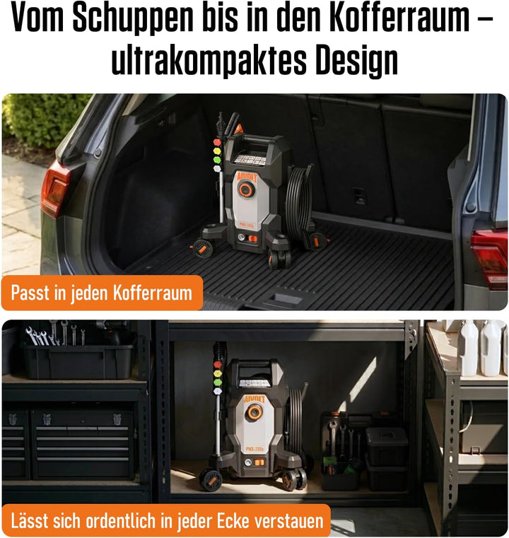 AIVOLT Hochdruckreiniger 2000 W 200 bar, Anti-Kipp 4-Rad Design, 420 L/h Druckreiniger mit Selbstans