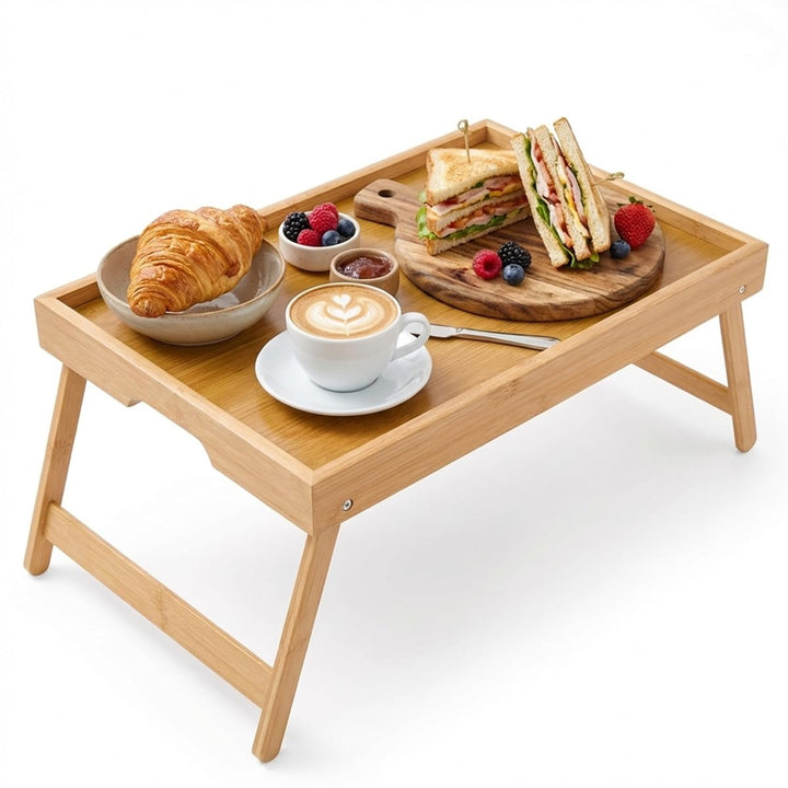 Betttablett Klappbar Frühstückstablett Bambus Serviertablett erhöhter Rand Klapptisch 40x30x19cm Bet