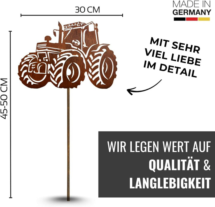 Gartenstecker Traktor aus Metall – Rostfigur 25 cm breit, 45 cm hoch – Wetterfeste Edelrost Gartende