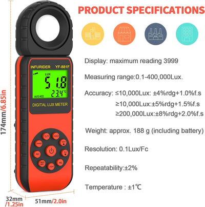 Digital Luxmeter Belichtungsmesser,INFURIDER YF-881F Lichtmessgerät mit 0,01-400.000 Lux,Illuminance