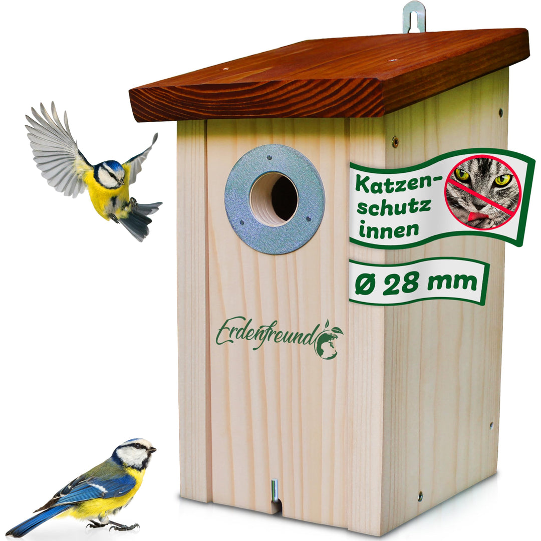 ERDENFREUND® Meisen Nistkasten 28mm Katzen-/Marderschutz innen Nistkasten für Vögel mit pickfestem S