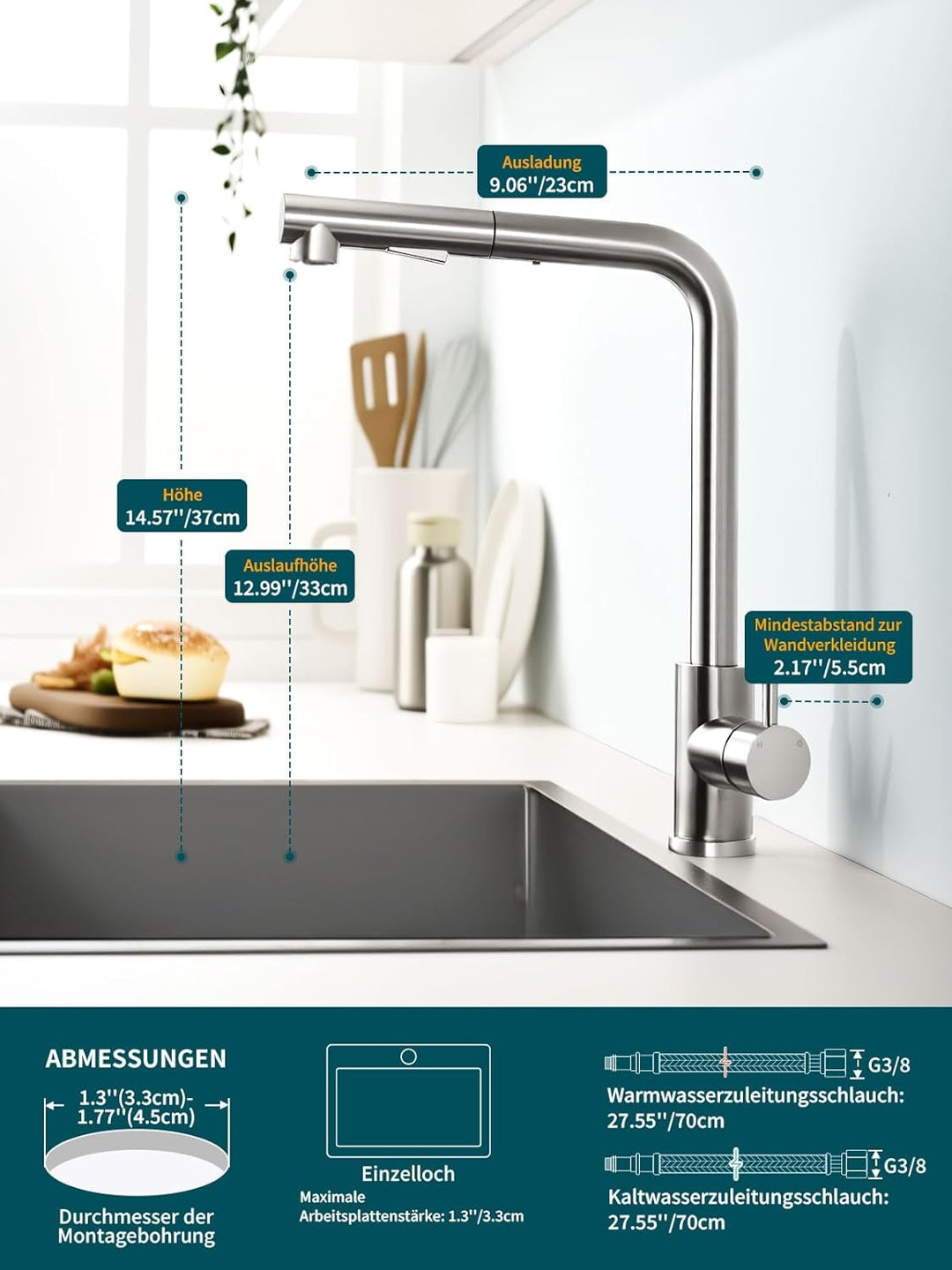 Hiqufet Wasserhahn Küche, Ausziehbare Küchenarmatur mit Sprühbrause aus Edelstahl und 2 Sprühfunktio