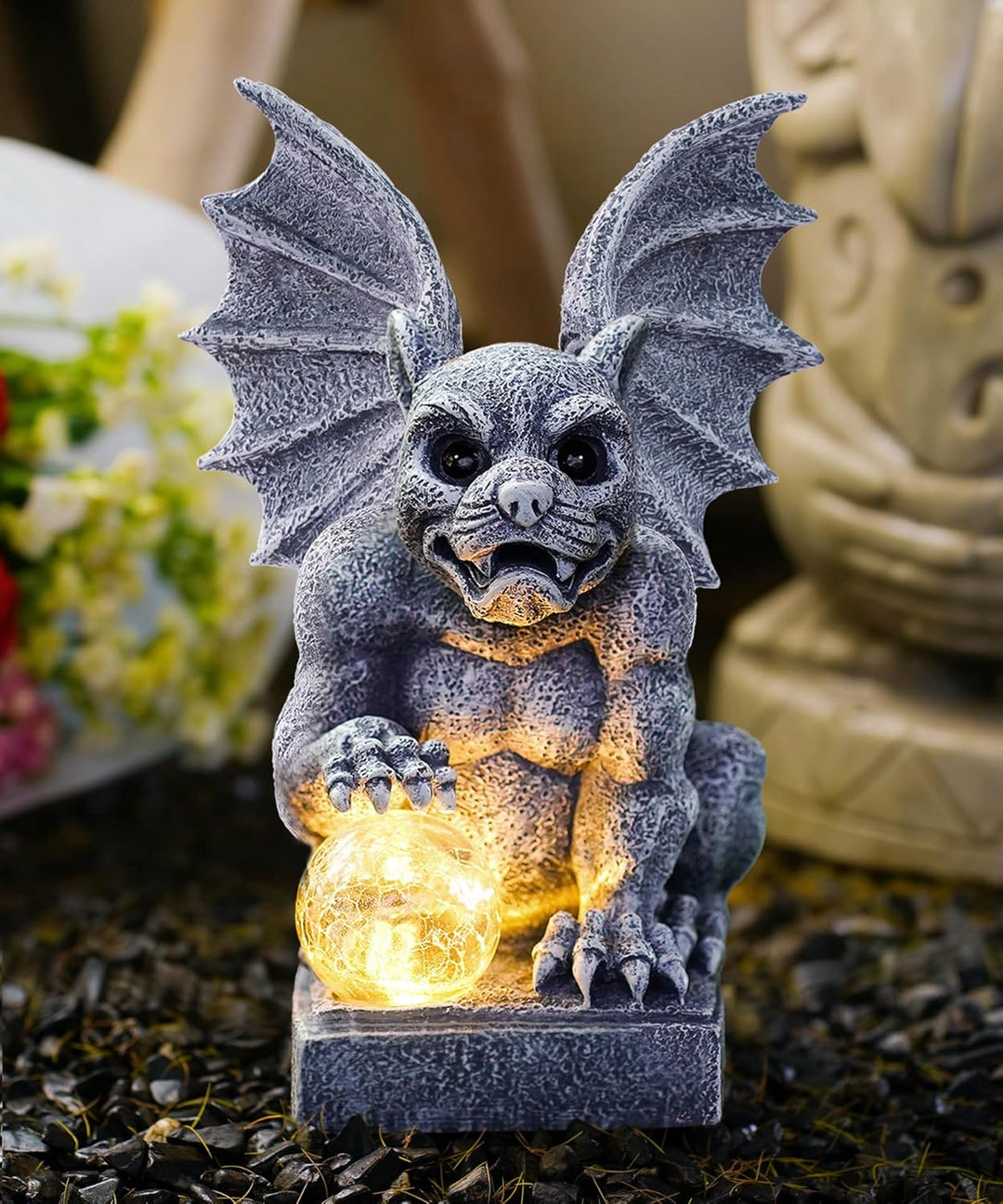 Solar Gargoyle Figuren Gartendeko mit LED-Licht - Steinfiguren mit Solarlampe Glasball Garten Wetter