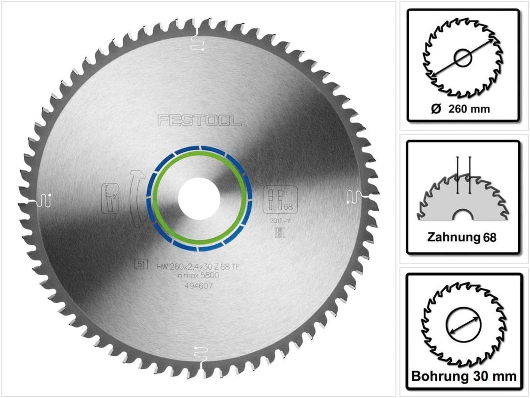 Festool Kreissägeblatt HW 260x2,4x30 TF68 ALUMINIUM/PLASTICS, 260x2,4x30 TF68