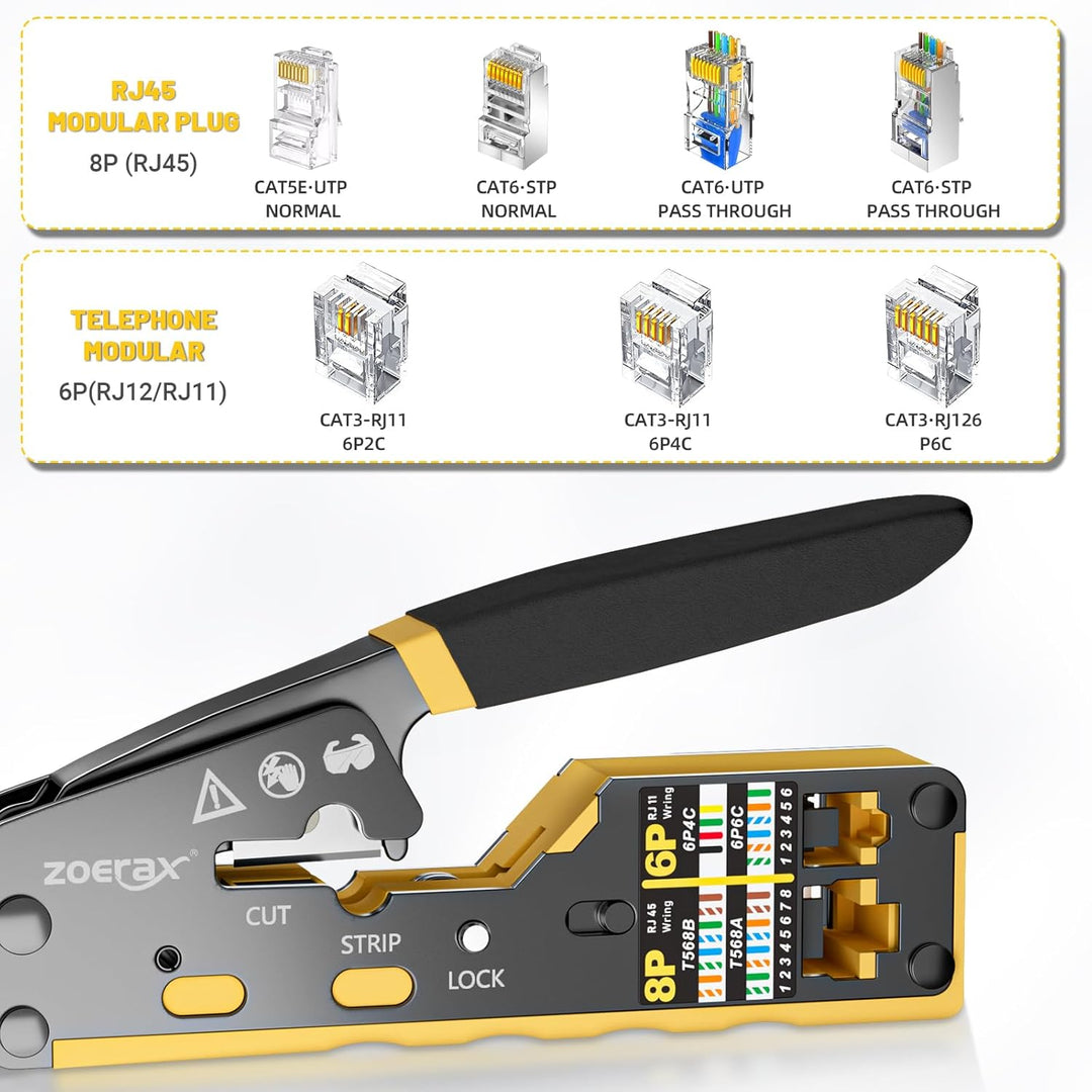 RJ45 Crimpzange Ethernet Crimp Tool Crimper für RJ11/RJ12 Standard, RJ45 Pass Through Stecker, Gelb