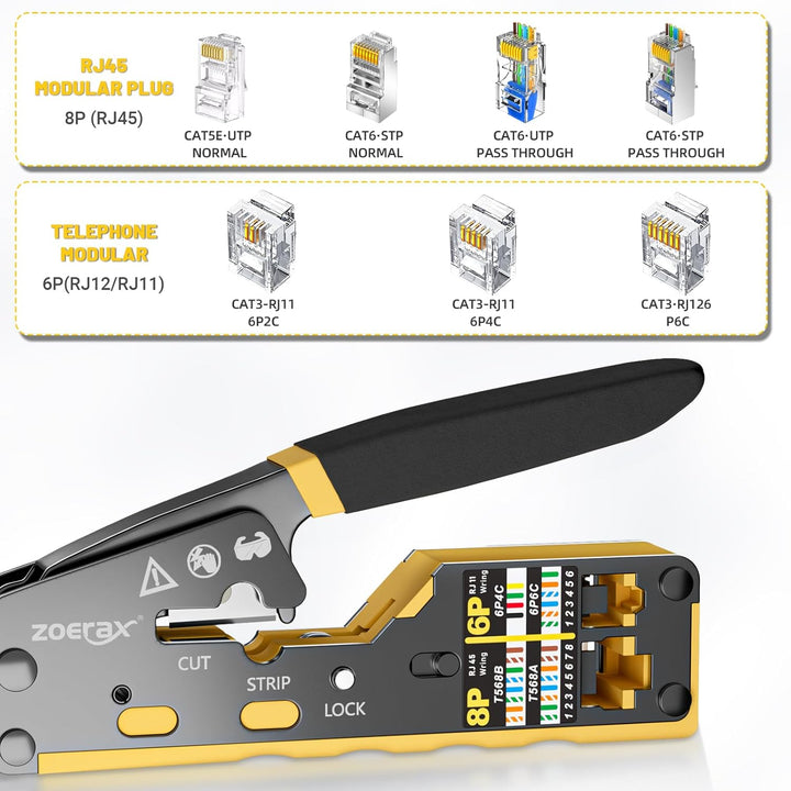 RJ45 Crimpzange Ethernet Crimp Tool Crimper für RJ11/RJ12 Standard, RJ45 Pass Through Stecker, Gelb
